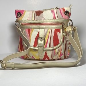 Spartina Cross Body Metallic Gold Leather Accent Pink Linen Bag EUC
